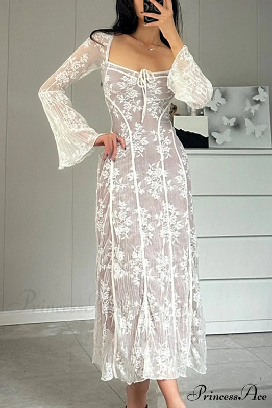 Lace Tie-up Flares Sleeve Midi Dress White / S