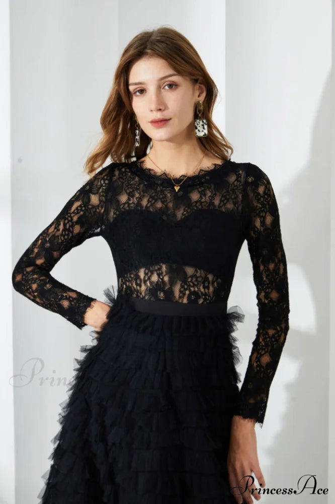Lace Tiered Ruffle Charming Tulle Maxi Dress