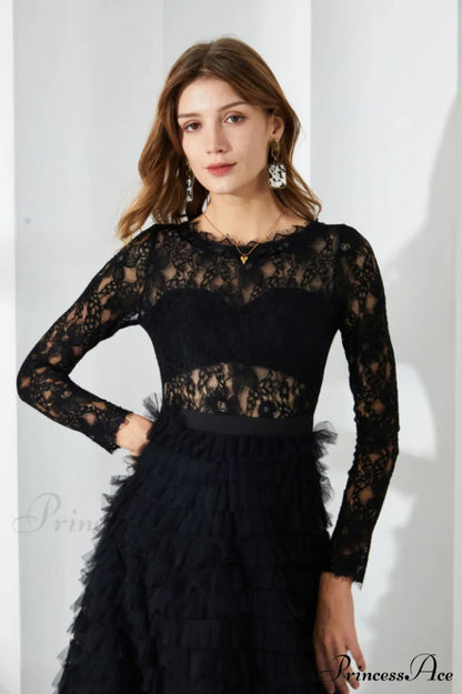 Lace Tiered Ruffle Charming Tulle Maxi Dress