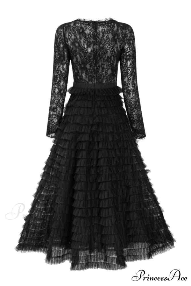 Lace Tiered Ruffle Charming Tulle Maxi Dress