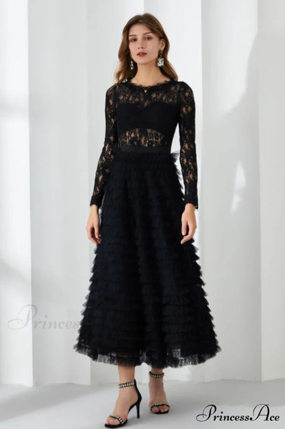 Lace Tiered Ruffle Charming Tulle Maxi Dress