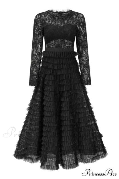 Lace Tiered Ruffle Charming Tulle Maxi Dress S / Black