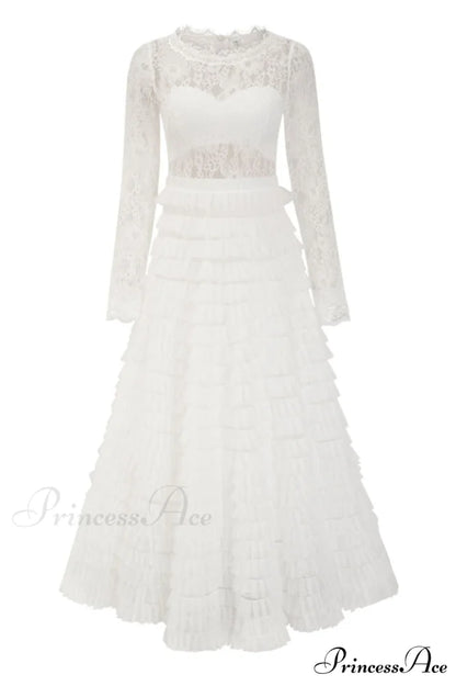 Lace Tiered Ruffle Charming Tulle Maxi Dress S / White