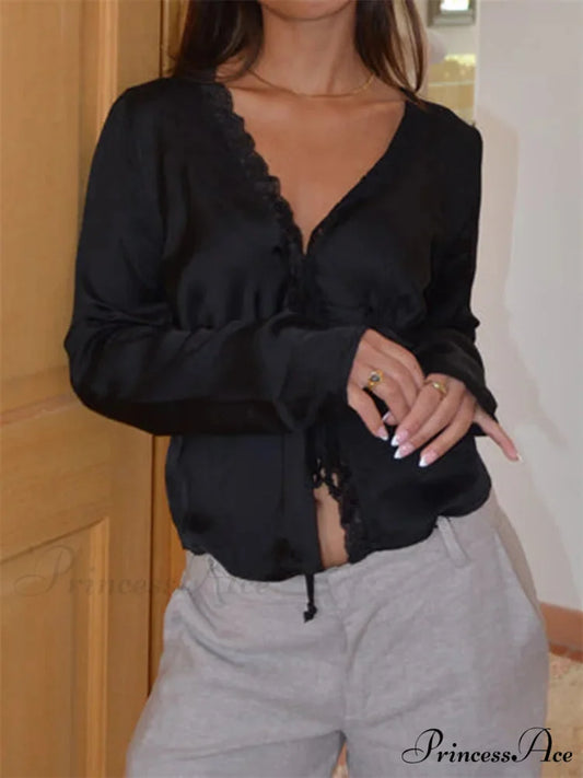 Lace Trim Deep-neck Fasten Blouse blouse-250223