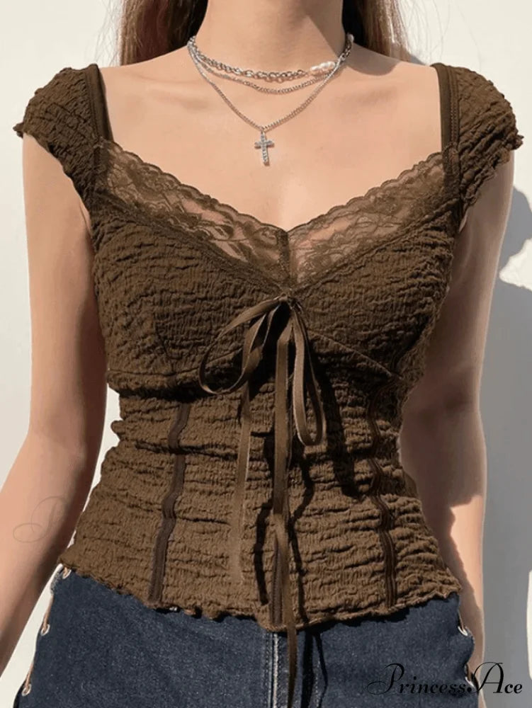 Lace Trim Graceful Buttoned Knit Top Brown / S