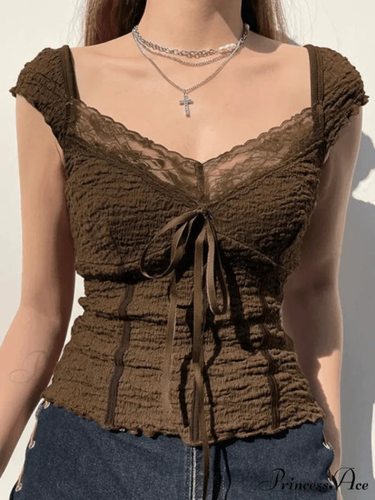 Lace Trim Graceful Buttoned Knit Top Brown / S