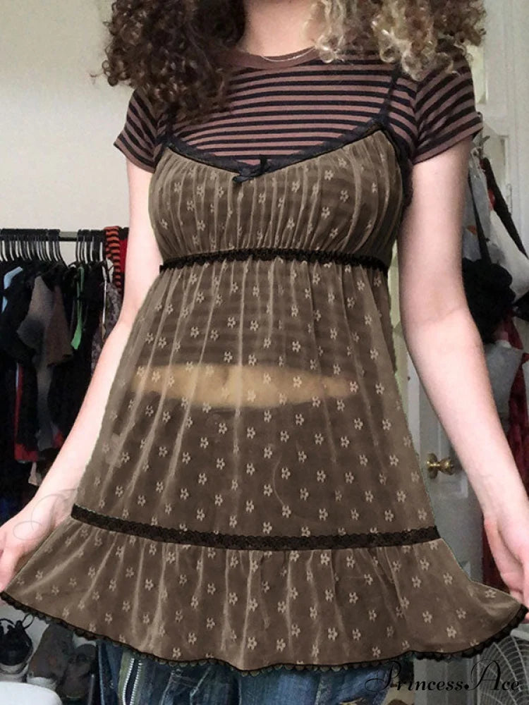 Lace Trim Graceful Floral Mini Dress Brown / S