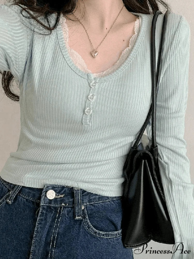 Lace Trim Graceful Knit Crop Top Blue / S