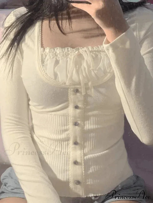 Lace Trim Padded Trendy Ribbed Crop Cami Top Beige / S