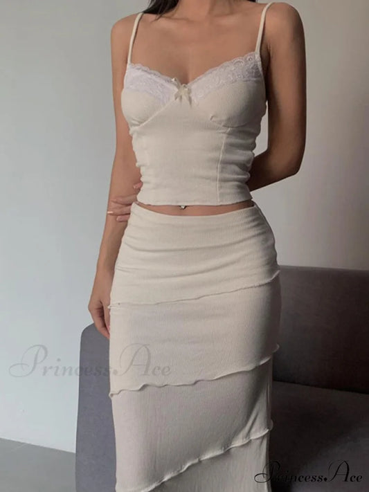 Lace Trim Ribbed Trendy Knit Crop Cami Top White / S