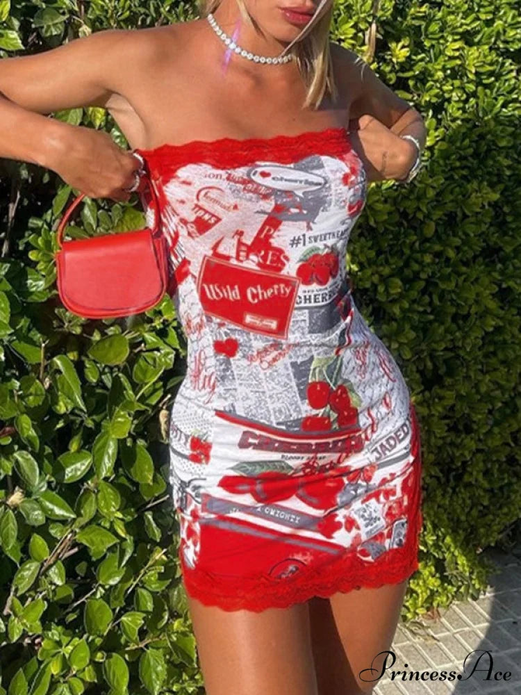 Lace Trim Split Trendy Open Back Mini Dress Red / S