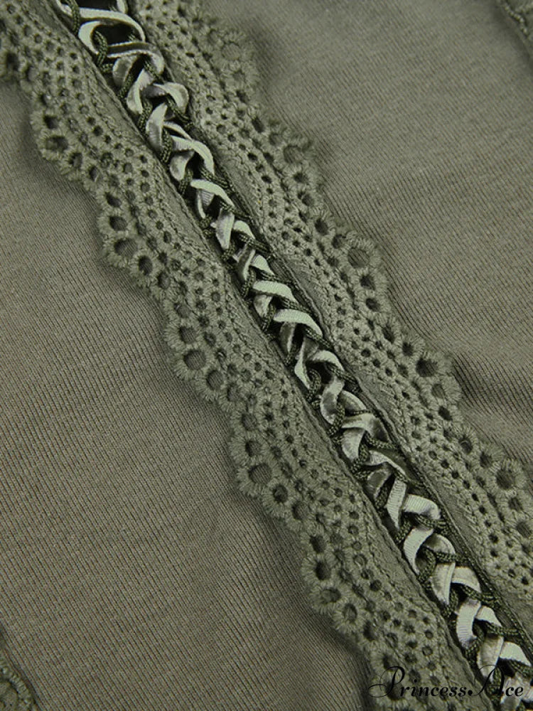 Lace Trim Tie Trendy Front Long Sleeve Blouse