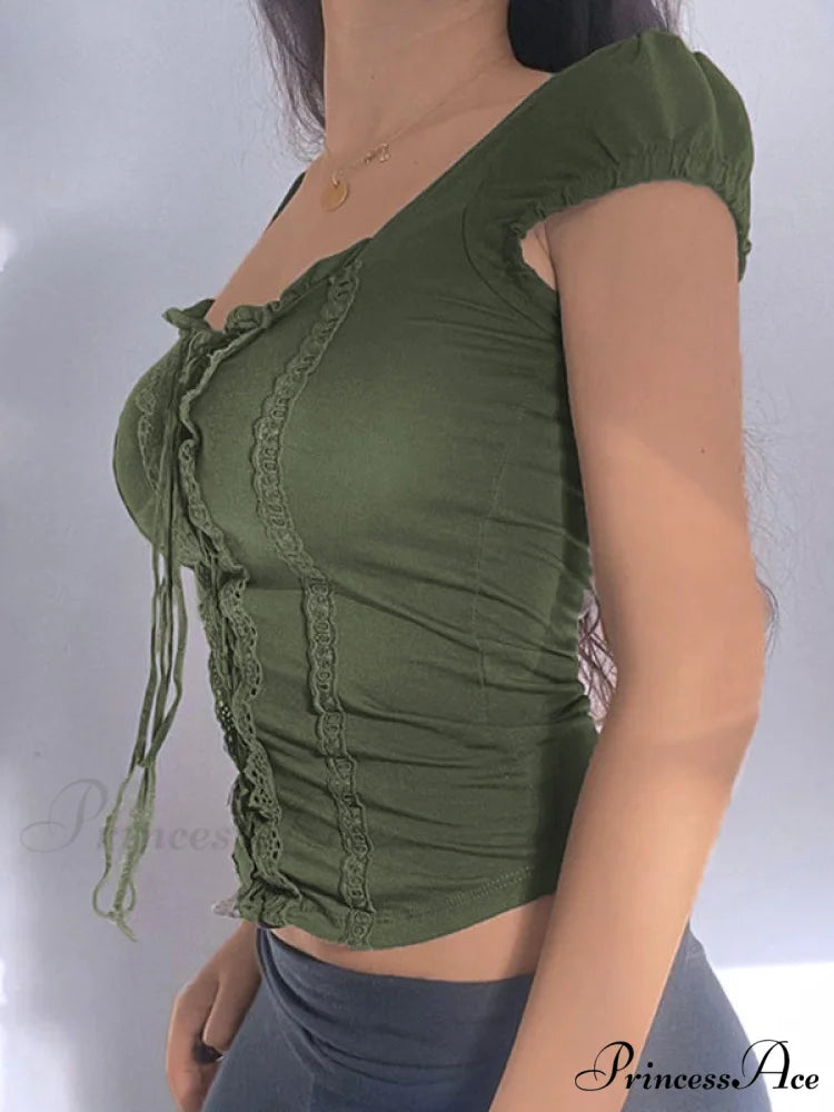 Lace Trim Tie Trendy Front Long Sleeve Blouse