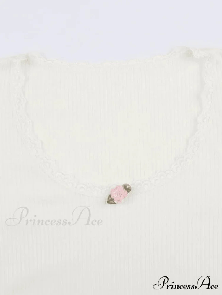 Lace Trim White Ribbed Modern Knit Crop Cami Top