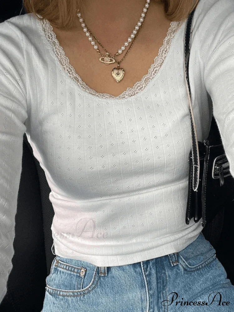 Lace Trim White Trendy Cropped Tank Top White / S