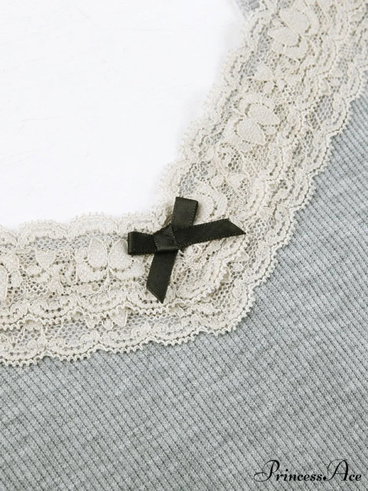 Lace Trim White Trendy Ribbed Knit Top