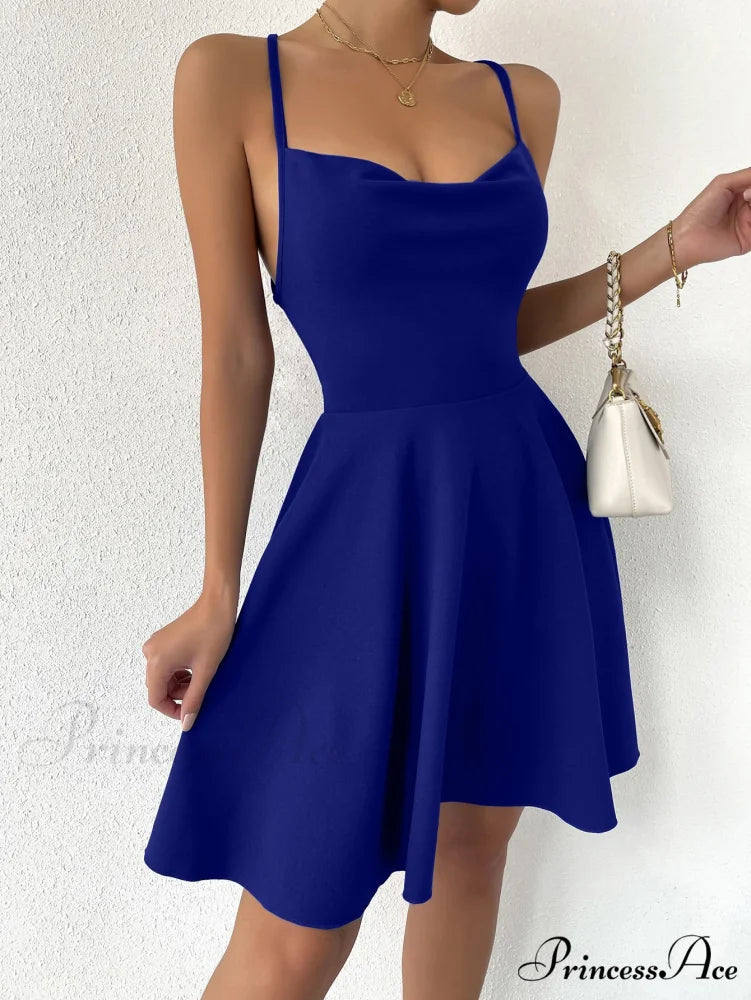 Lace Up Backless Cami Dress Blue / XS