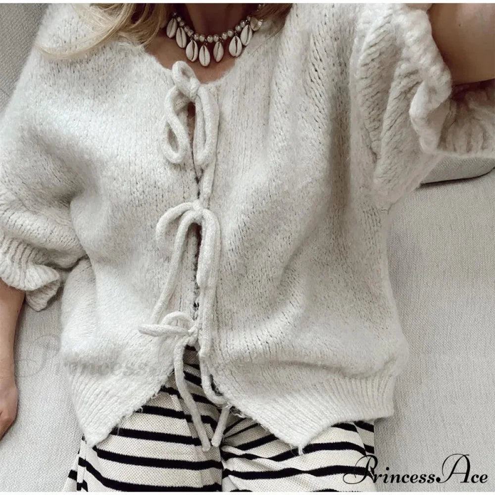 Lace Up Bow Flared Sleeve Loose Fashion Street Cardigan WHITE / S