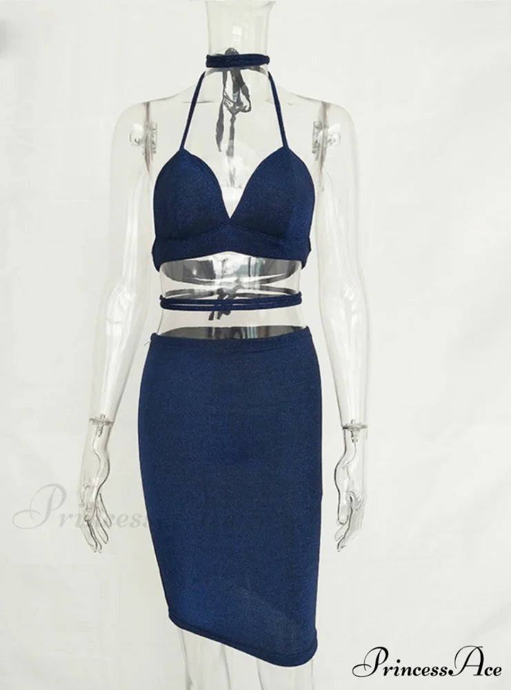 Lace Up Crop Top Two Piece Set with Deep V Neck S / Blue