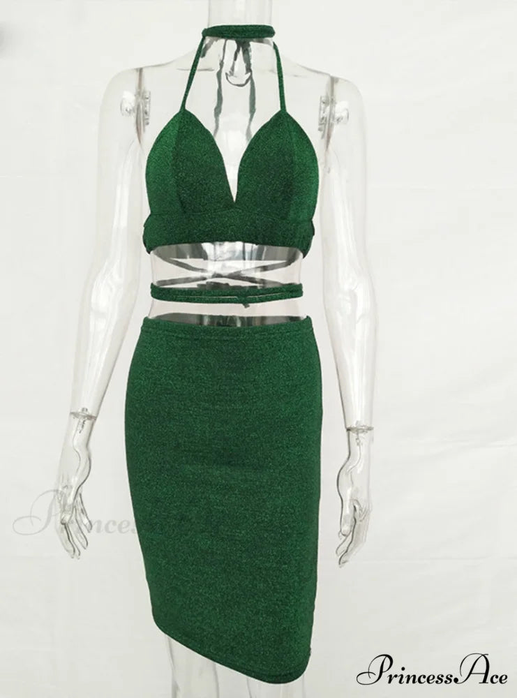 Lace Up Crop Top Two Piece Set with Deep V Neck S / Green