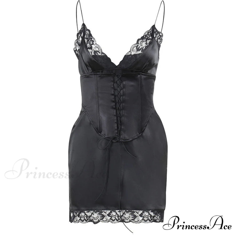 Lace Up Front Cami Dress with Contrast Lace M / White