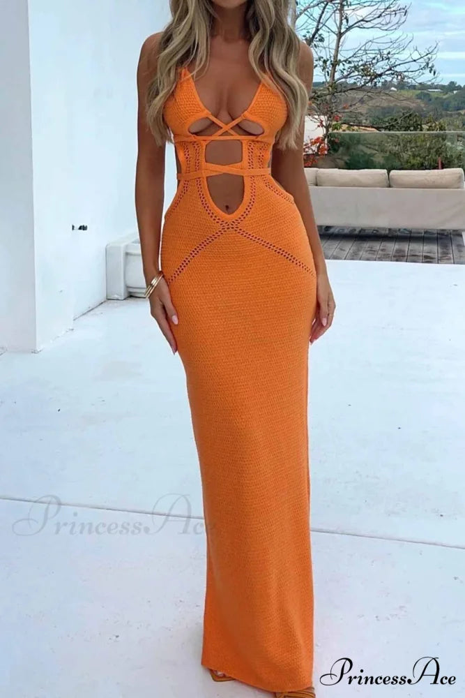 Lace Up Hollow Out Knitted Dress Orange / L