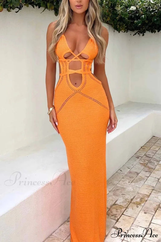 Lace Up Hollow Out Knitted Dress Orange / S