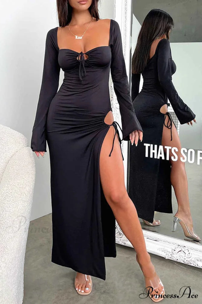 Lace Up Hollow Out Slit Dress with Long Sleeves Black / S