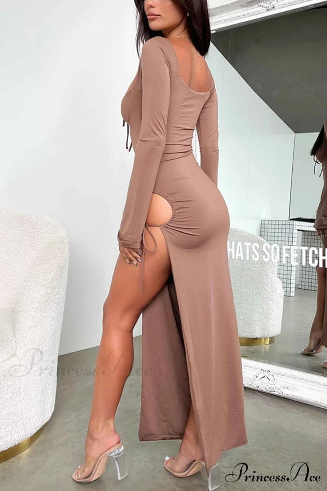 Lace Up Hollow Out Slit Dress with Long Sleeves Brown / M