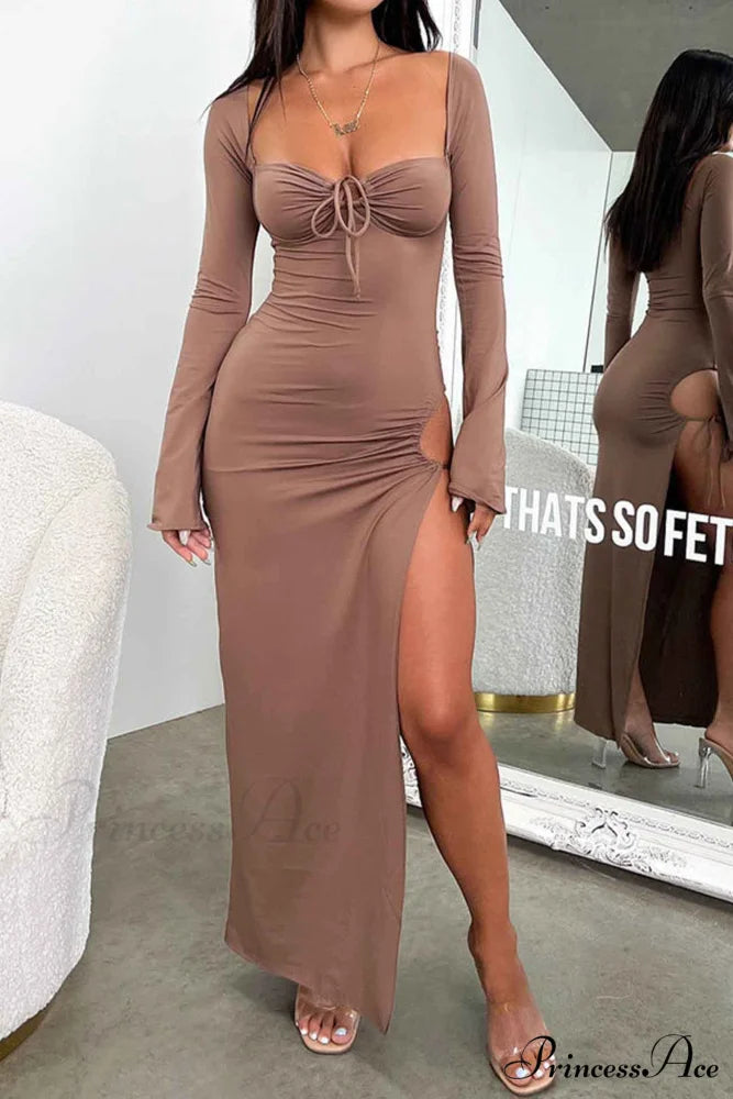 Lace Up Hollow Out Slit Dress with Long Sleeves Brown / S