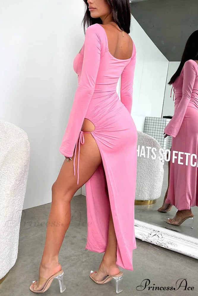 Lace Up Hollow Out Slit Dress with Long Sleeves Pink / L