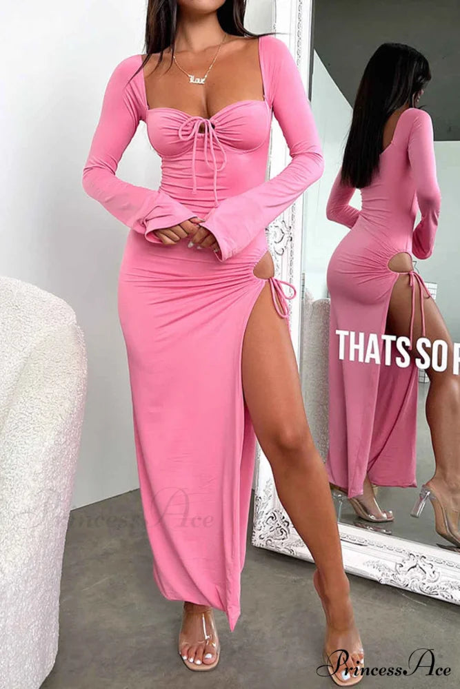 Lace Up Hollow Out Slit Dress with Long Sleeves Pink / M