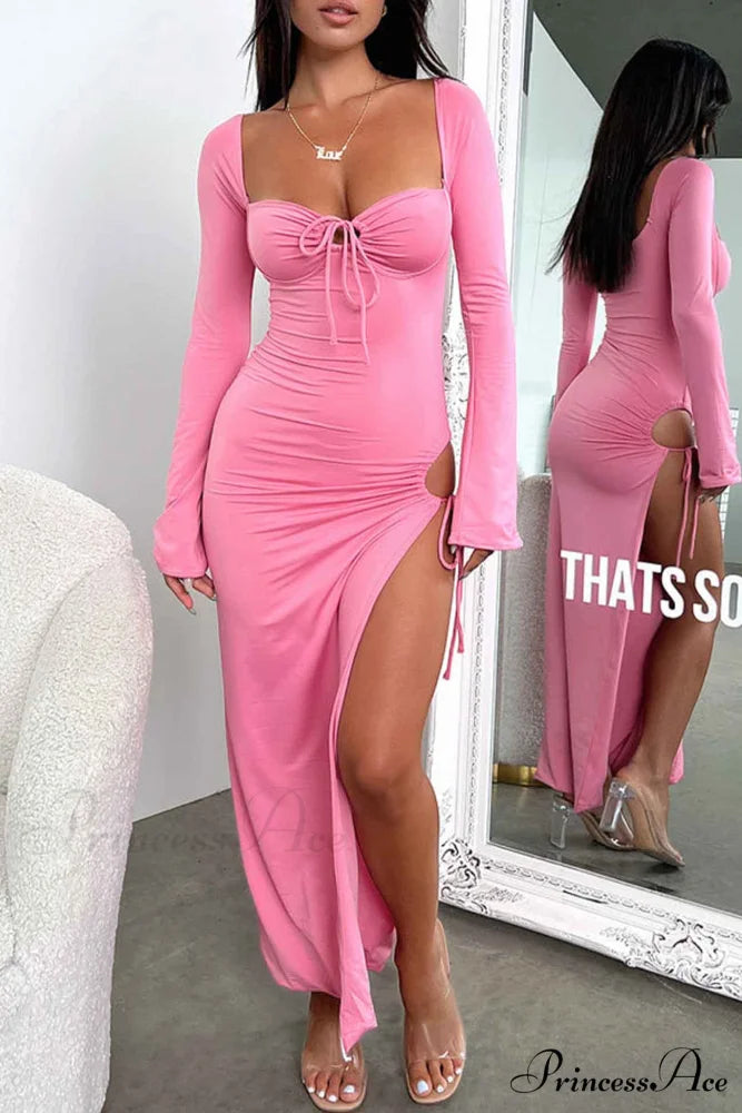 Lace Up Hollow Out Slit Dress with Long Sleeves Pink / S