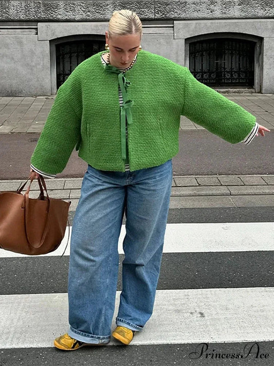 Lace Up O Neck Long Sleeve Loose Autumn Fashion Casual Knitted Christmas Sweater