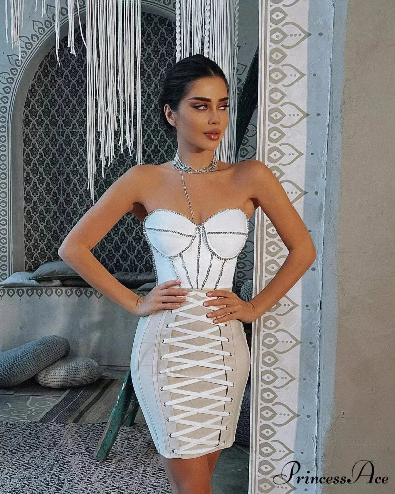 Lace-Up Red Mini Bandage Party Dress WHITE / S