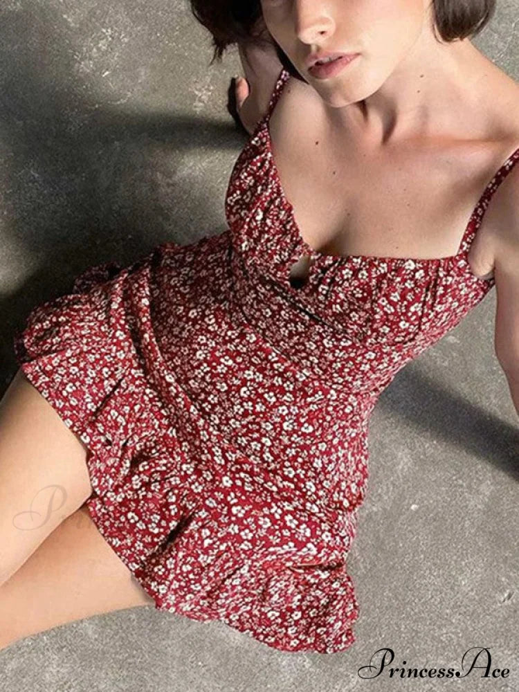 Lace Up Ruffle Trendy Corset Mini Dress Red / S