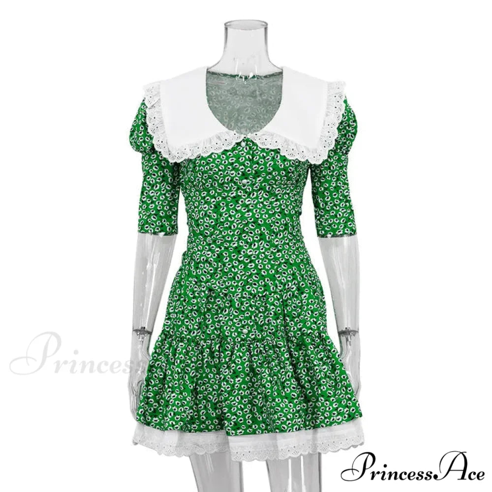 Lace-up Slim Luxury Lace Turn Collar Short Sleeve Folds es Femme Party Retro Lady Floral Dress Green / S