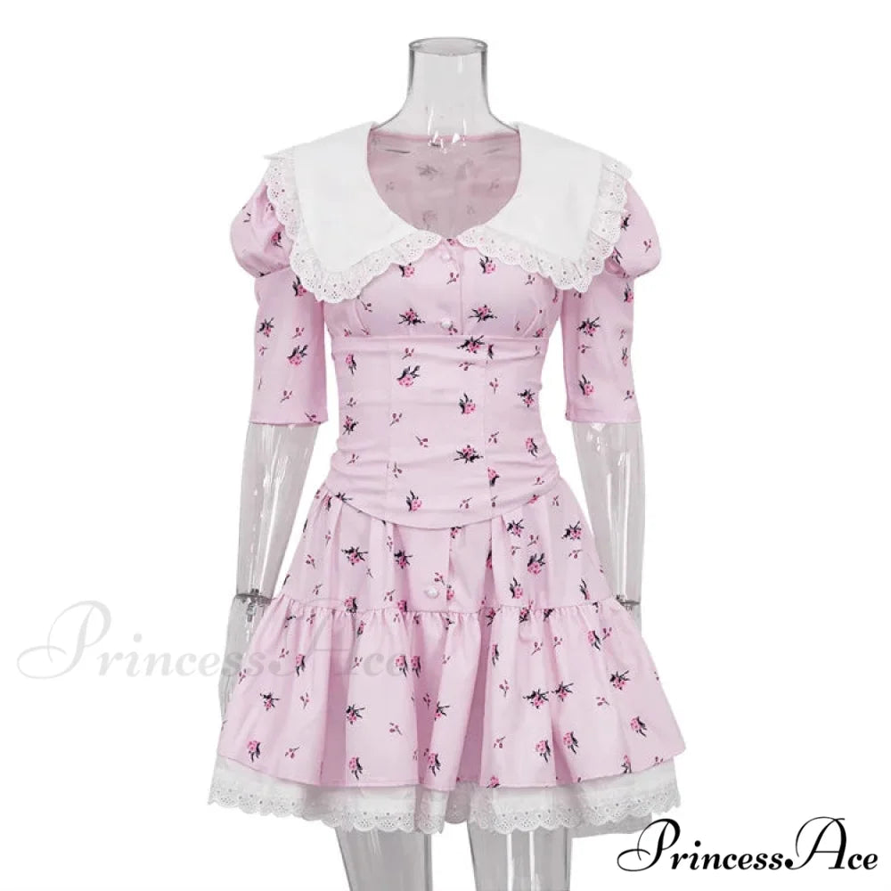 Lace-up Slim Luxury Lace Turn Collar Short Sleeve Folds es Femme Party Retro Lady Floral Dress Pink / S