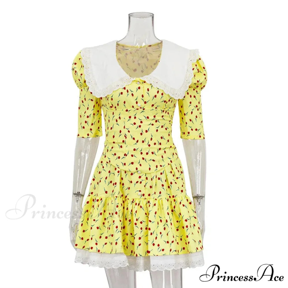 Lace-up Slim Luxury Lace Turn Collar Short Sleeve Folds es Femme Party Retro Lady Floral Dress Yellow / S