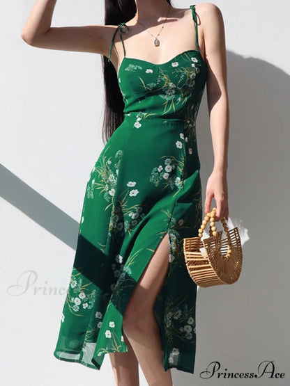 Lace Up Slit Trendy Floral Maxi Dress Green / S
