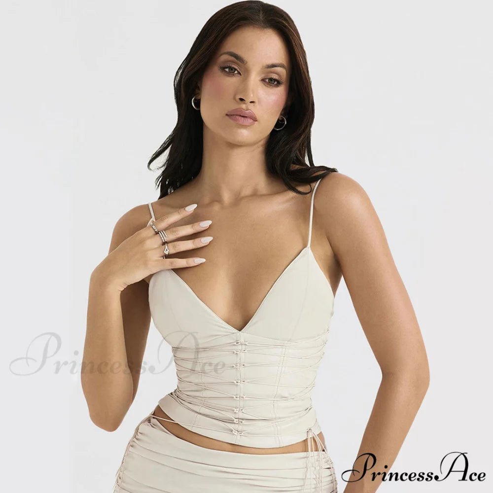 Lace Up Sweetheart Neck Sleeveless Classic Tube Crop Top - Gray M / Ivory