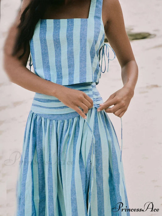 Lace-up Tank and Ruched Graceful Waist Midi Skirt Set