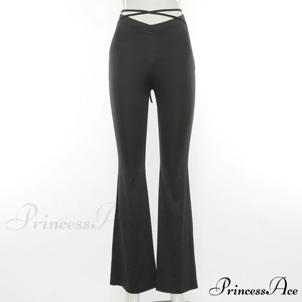 Lace Up V Waist Low Rise Flare Pants black / M