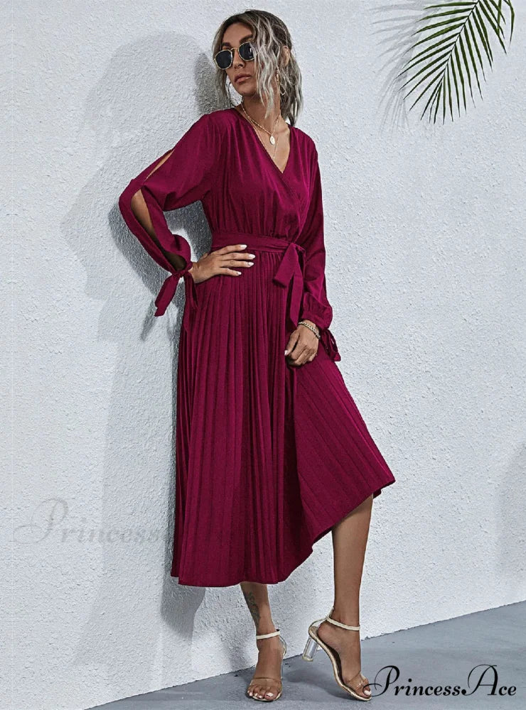 Lace-Up Waist Dress M / burgundy