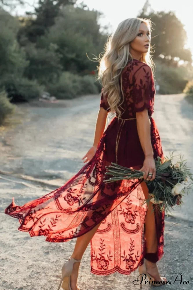 Lace V-neck Short Charming Sleeve Cover Up Free Size / Wine