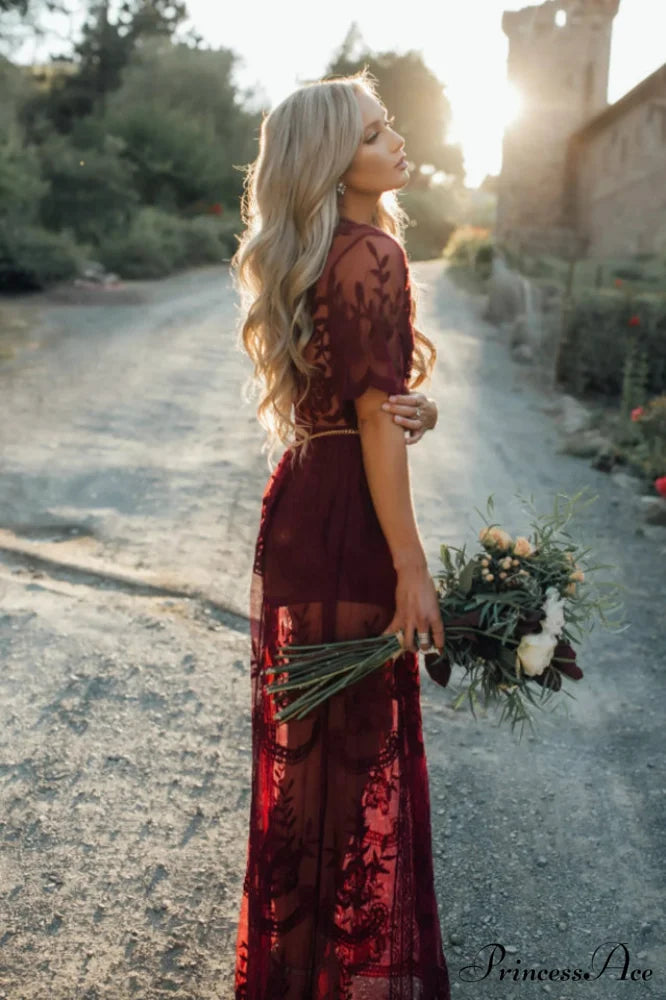 Lace V-neck Short Charming Sleeve Cover Up Free Size / Wine