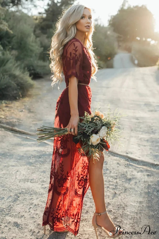 Lace V-neck Short Charming Sleeve Cover Up Free Size / Wine