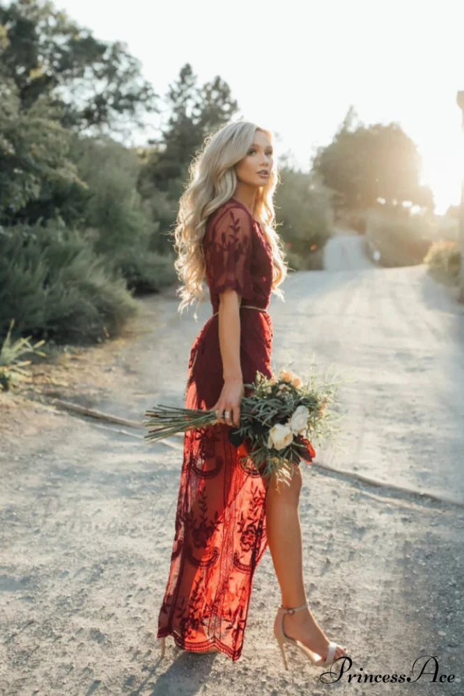 Lace V-neck Short Charming Sleeve Cover Up Free Size / Wine