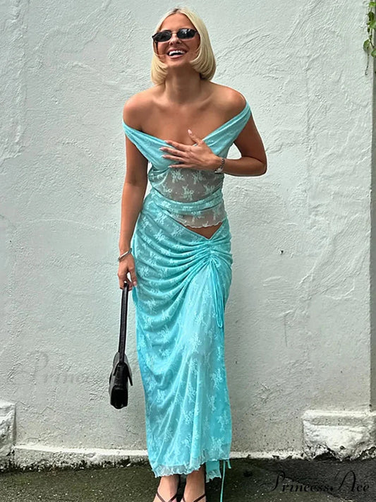 Lace V-neck Skirt Holiday Dress Blue / S vacationdress-250223