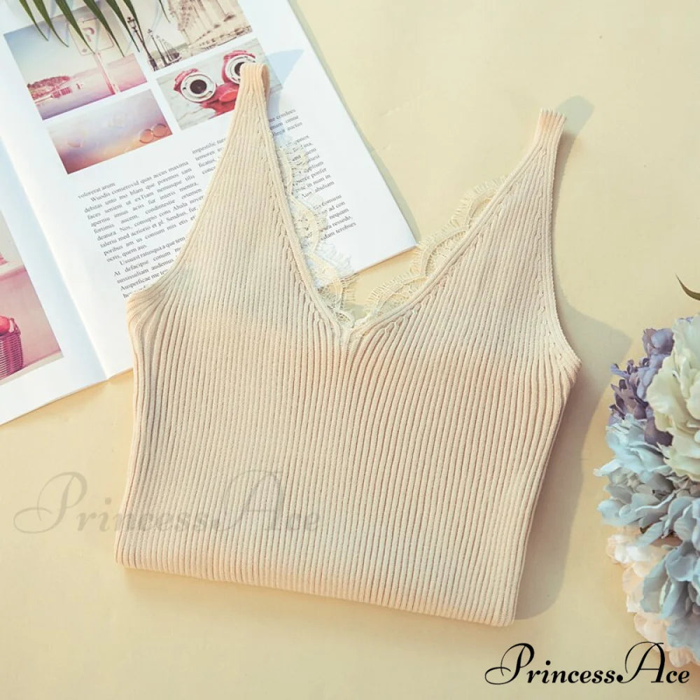 Lace V-neck Solid Knitted Camisoles apricot / One Size